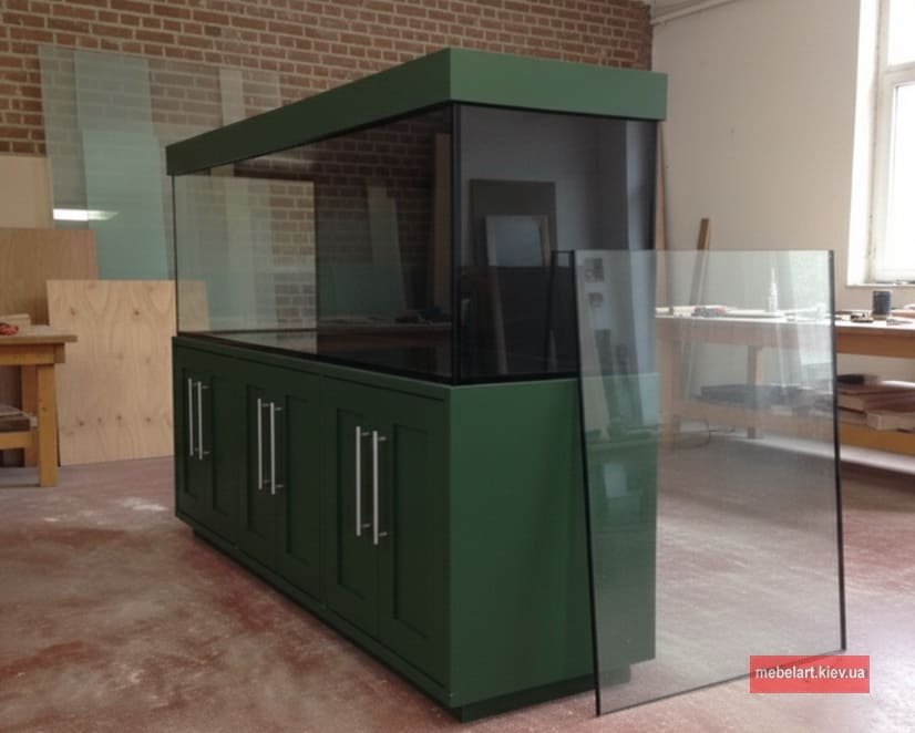 Зелена тумба з металевим каркасом під акваріум