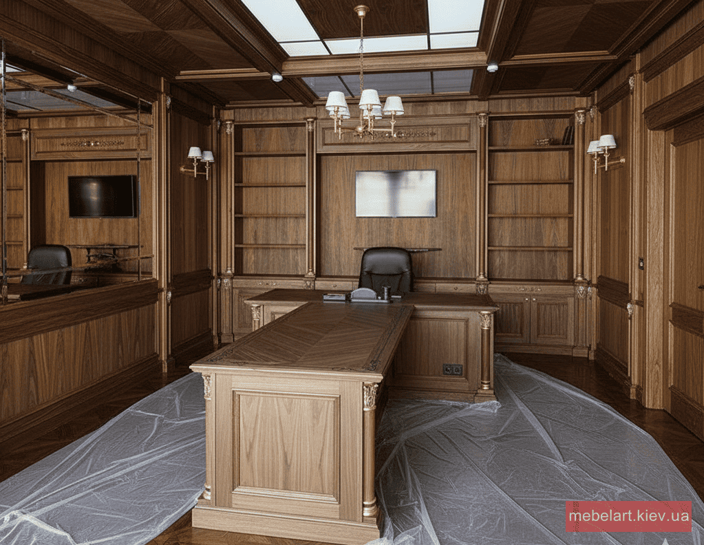 отделка кабинета деревом и мебелирование